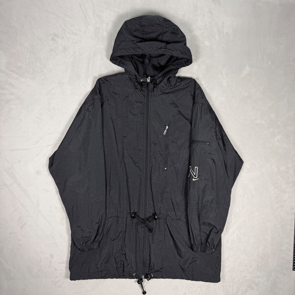 90s Mens Nike Vintage Crinkle Nylon Hooded Windbreaker Jacket Black Medium